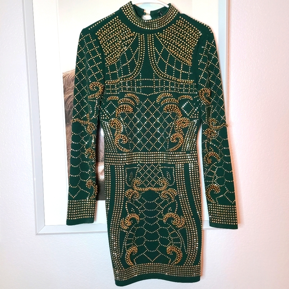 Dress - Gold Embellished Lonsleeve Mock Neck Open Back Midi Dress